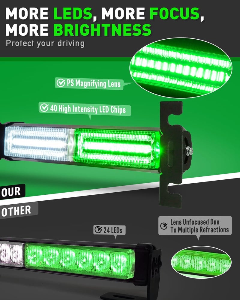 HLauto 1002L Emergency Strobe Traffic Advisor Light Bar: 40LED Dash Safety Warning Flashing Front/Rear Windshield Visor Light for Construction Vehicle, Trucks (2x10.7inch, Green White) - Image 2